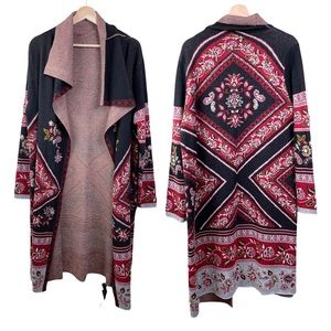 BCBGMaxAzria Cardigan Long Waterfall Wool Blend Black Red Floral
